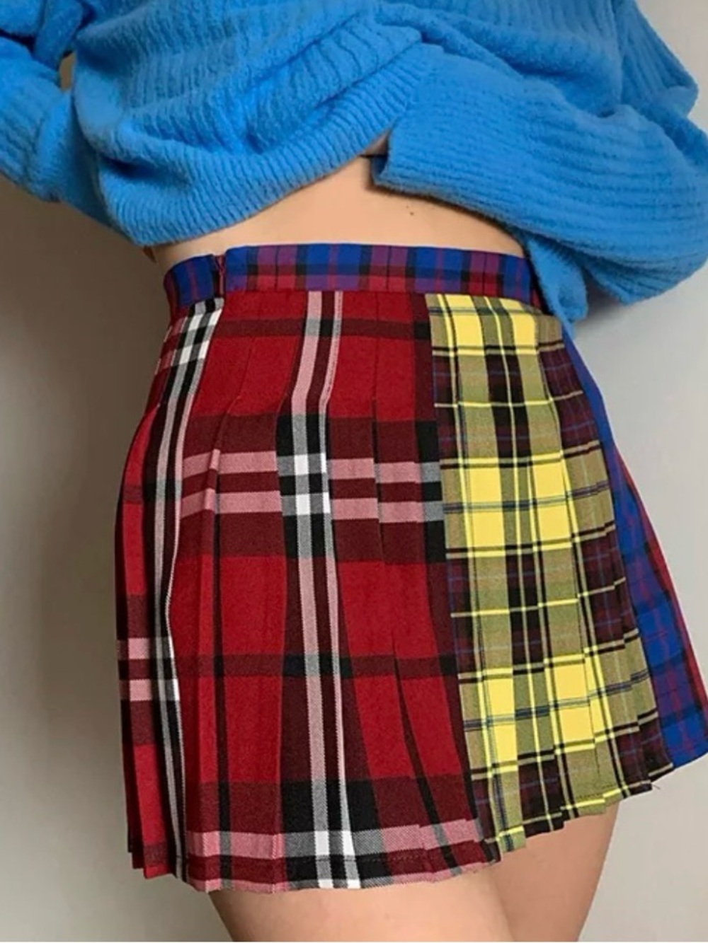 Urban Outfitters Kimberley Mixed Plaid Pleated Mini Skirt in Red, Yellow & Blue